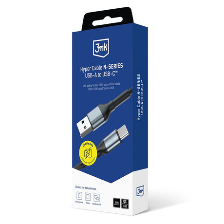 Cablu 3mk Hyper N-Series, USB to Type-C, 18W, QC 3.0, 9V/2A, 1m, Negru