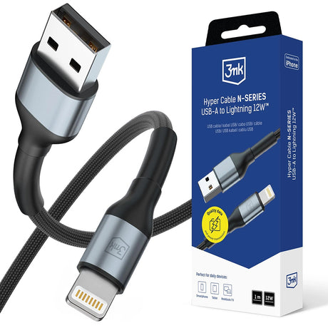 Cablu 3mk Hyper N-Series, USB to Lightning, 12W, 5V/2.4A, 1m, Negru