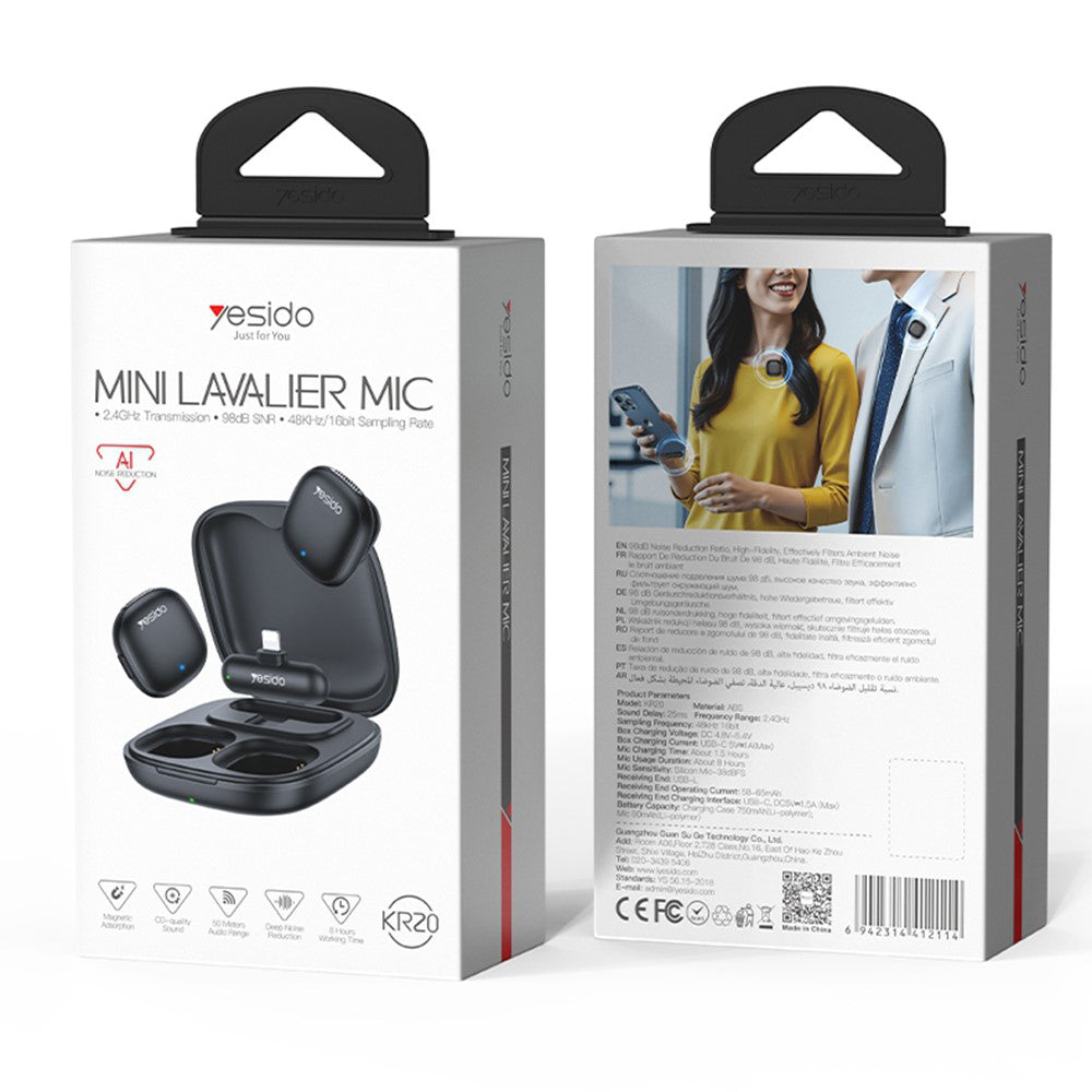 Casti Yesido (set de 2) Wireless Lavalier Microphones (KR20), 3in1 Receiver, Lightning, AI Noise Reduction, 2.4GHz, Negru