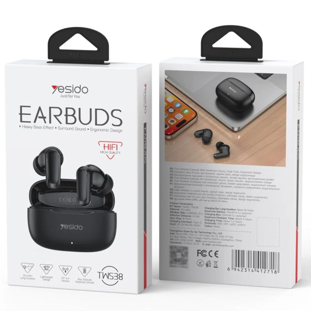 Casti Yesido (TWS38), Track System Stereo, Microphone, Bluetooth 5.4, In-ear Design, 250mAh, Alb
