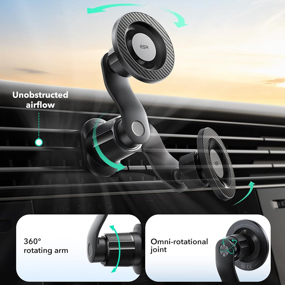 Suport ESR OmniLock (2B52301), for Air Vent, 360°, Magnetic, Shock-absorbing Pad, Pro-level Arm, Negru /Carbon Fiber