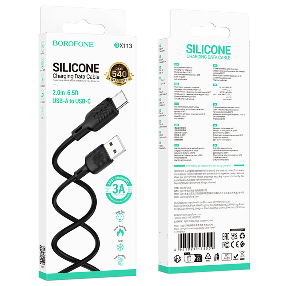 Cablu Borofone Lenny Series (BX113), USB to Type-C, Silicone, 3A, 2m, Negru