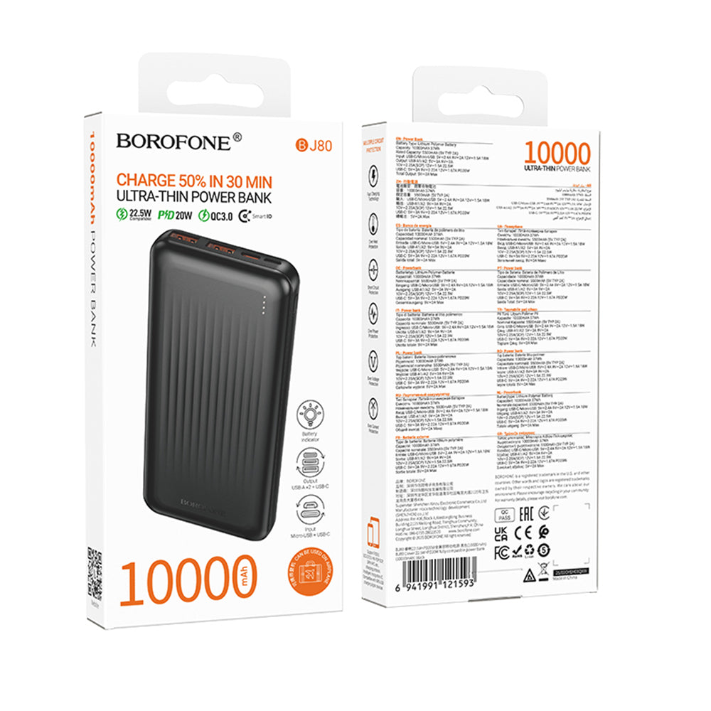 Baterie externa Borofone Clever Series (BJ80), 2x USB, Type-C, Indicator LED, QC 3.0, 22.5W, PD20W, 37Wh, 10000mAh, Negru