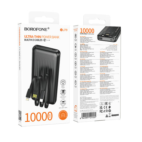Baterie externa Borofone Clever Series (BJ79), with Built-in 3x Cable, USB, USB-C, Lightning, Indicator, 2A, 10000mAh, Negru