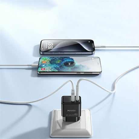 Incarcator Yesido (YC64), Dual Port Type-C + USB-A, Fast Charging, GaN Technology, PD30W, Negru
