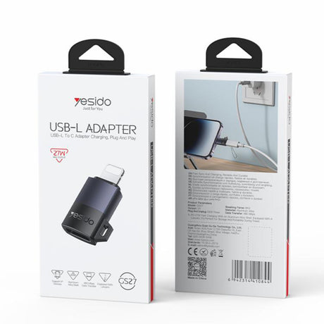 Adaptor Yesido OTG Adapter (GS27), Type-C to Lightning, 480Mpb/s, Aluminum Alloy, 27W, Gri