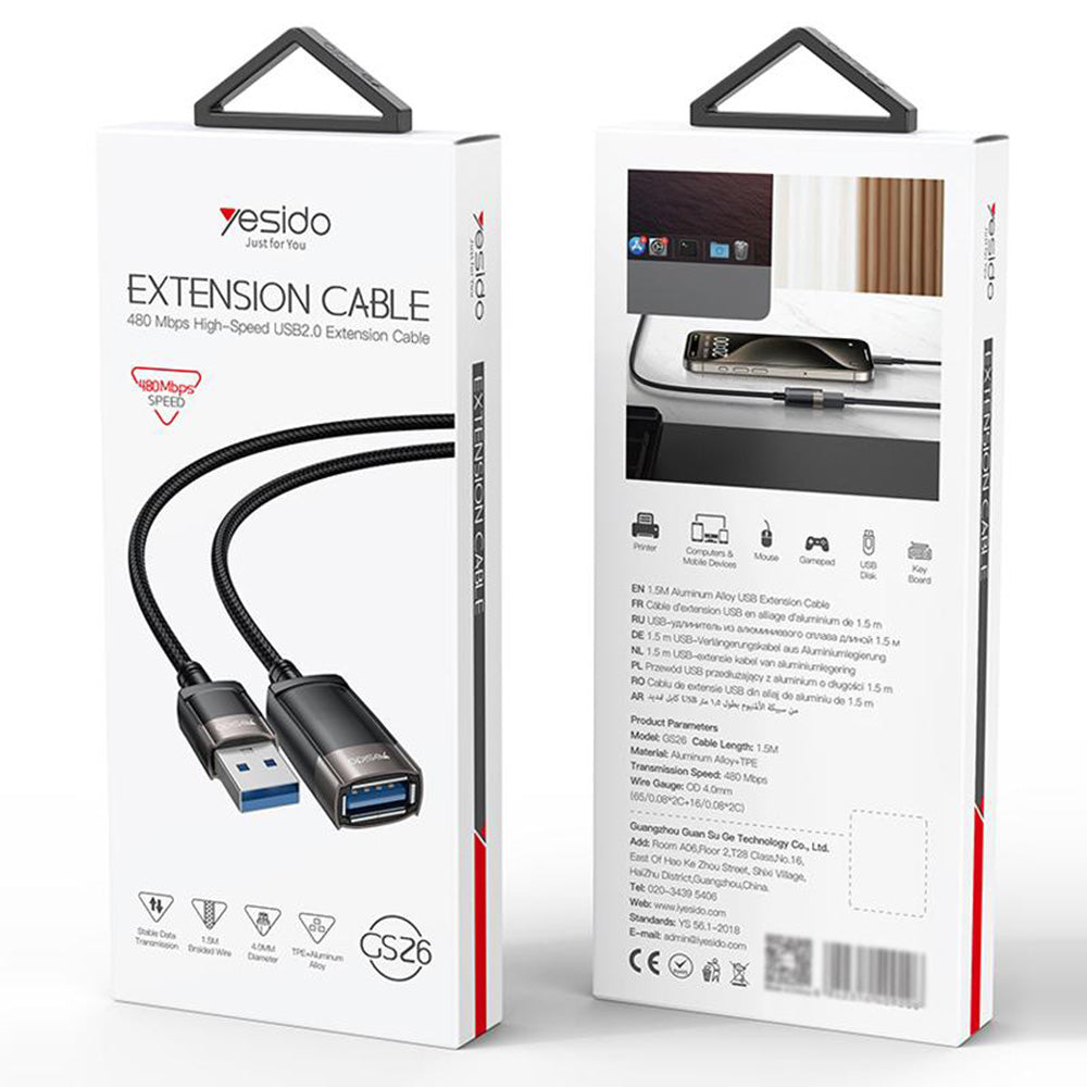 Adaptor Yesido Extension Adapter (GS26), USB 2.0, with 1.5m Cable, Braided, High-Speed Transmission, Gri