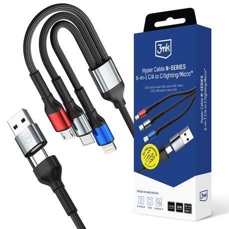 Cablu 3mk Hyper N-Series 6in1, USB-C/USB Male, USB-C Female to USB-C, Lightning, Micro, 18W, 9V/2A, 1.2m, Negru