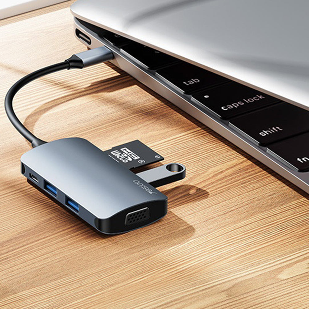 Hub/Dock Yesido Docking Station 7in1 (HB16), Type-C to 1x USB3.0, 2x USB2.0, TF/SD Card, 1x VGA, 1x Type-C, 5Gbps, PD100W, Gri