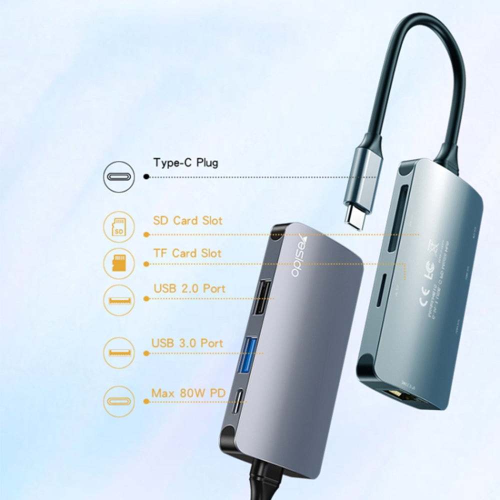 Hub/Dock Yesido Docking Station (HB15), Type-C to 2x USB, USB-C, SD/TF Card, RJ45, 1000Mbps, Plug & Play, Gri