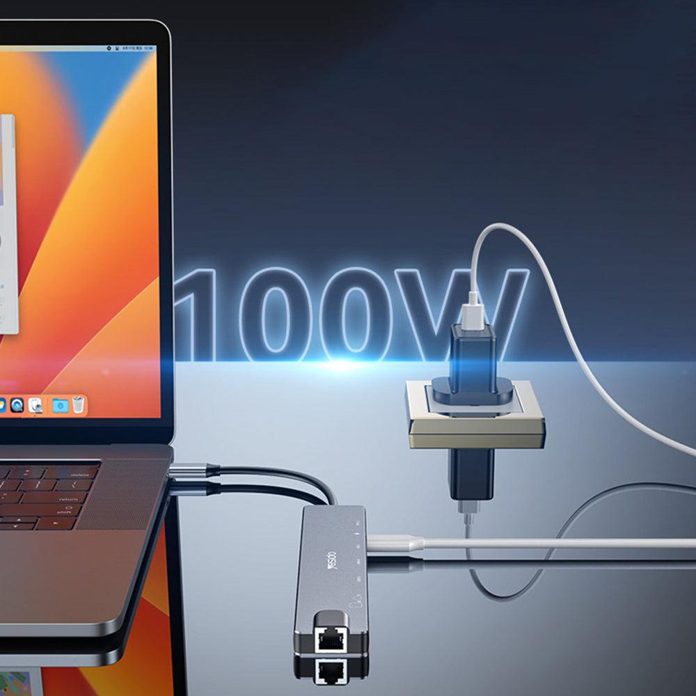 Hub/Dock Yesido Docking Station 8in1 (HB27), Type-C to 2x USB, 2x USB-C, HDMI, RJ45, TF/SD, PD100W, Fast Charge, 4K@30Hz, Gri