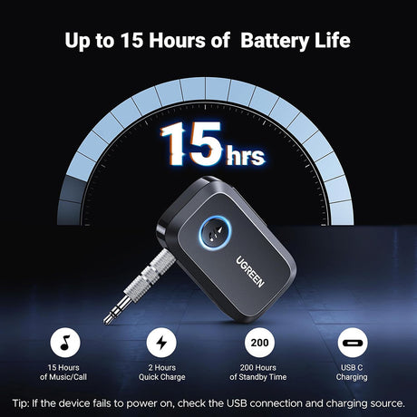 Adaptor Ugreen Bluetooth Audio Receiver (CM596), for Car, Audio Adapter 3.5mm with Built-in Microphone, EDR, Bluetooth 5.3, Negru