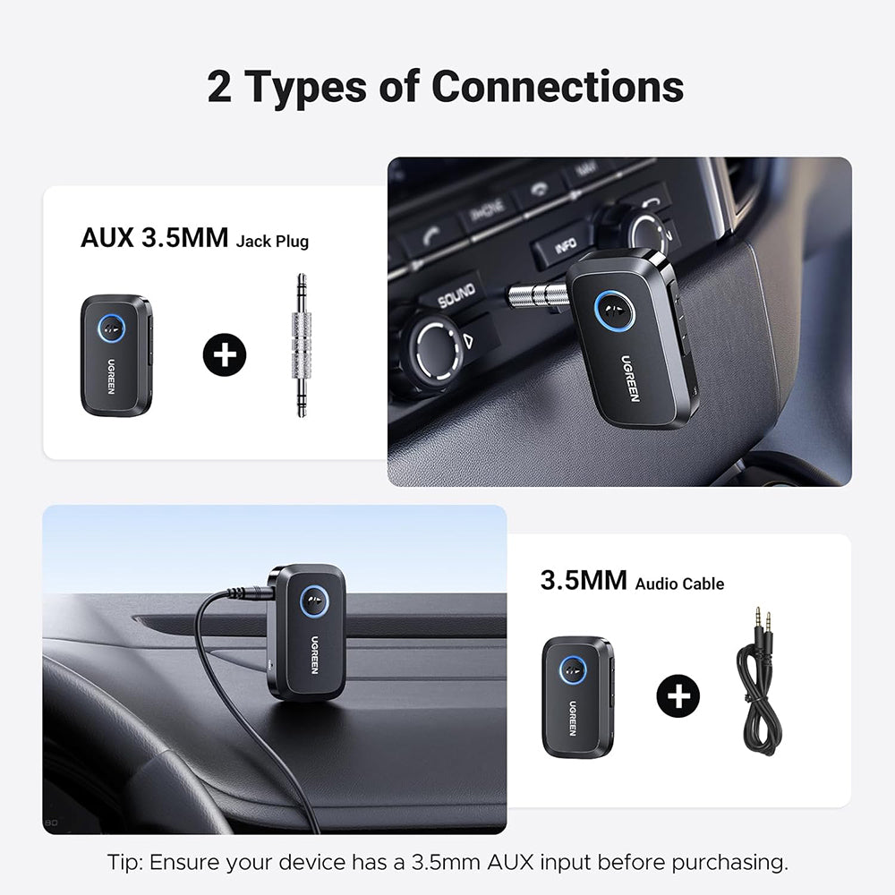 Adaptor Ugreen Bluetooth Audio Receiver (CM596), for Car, Audio Adapter 3.5mm with Built-in Microphone, EDR, Bluetooth 5.3, Negru