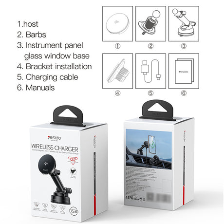 Suport Yesido with Wireless Charging (DS30), for Dashboard/Windshield/Air Vent, Type-C, 15W, Qi2.0, Negru
