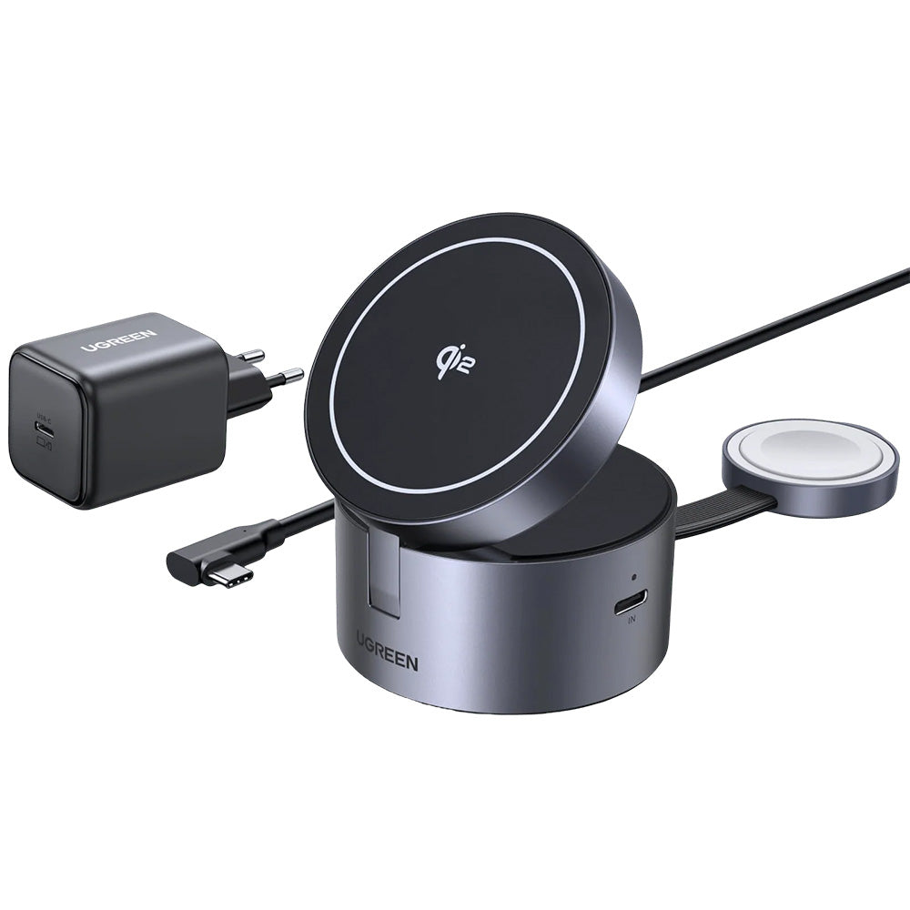 Incarcator Ugreen Wireless Charging Station W712 (65148), MagSafe, Fast Charging, Qi2, 25W, with Wall Charger, 45W, Cable, 60W, Gri