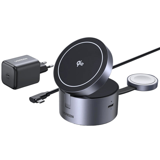 Incarcator Ugreen Wireless Charging Station W712 (65148), MagSafe, Fast Charging, Qi2, 25W, with Wall Charger, 45W, Cable, 60W, Gri