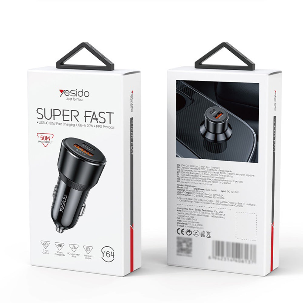 Incarcator Yesido Car (Y64), Dual-Port USB-A + Type-C, 50W, Multi Protection, Fast Charging, Negru