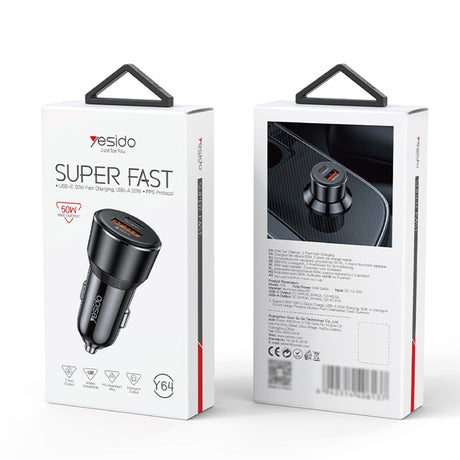 Incarcator Yesido Car (Y64), Dual-Port USB-A + Type-C, 50W, Multi Protection, Fast Charging, Negru