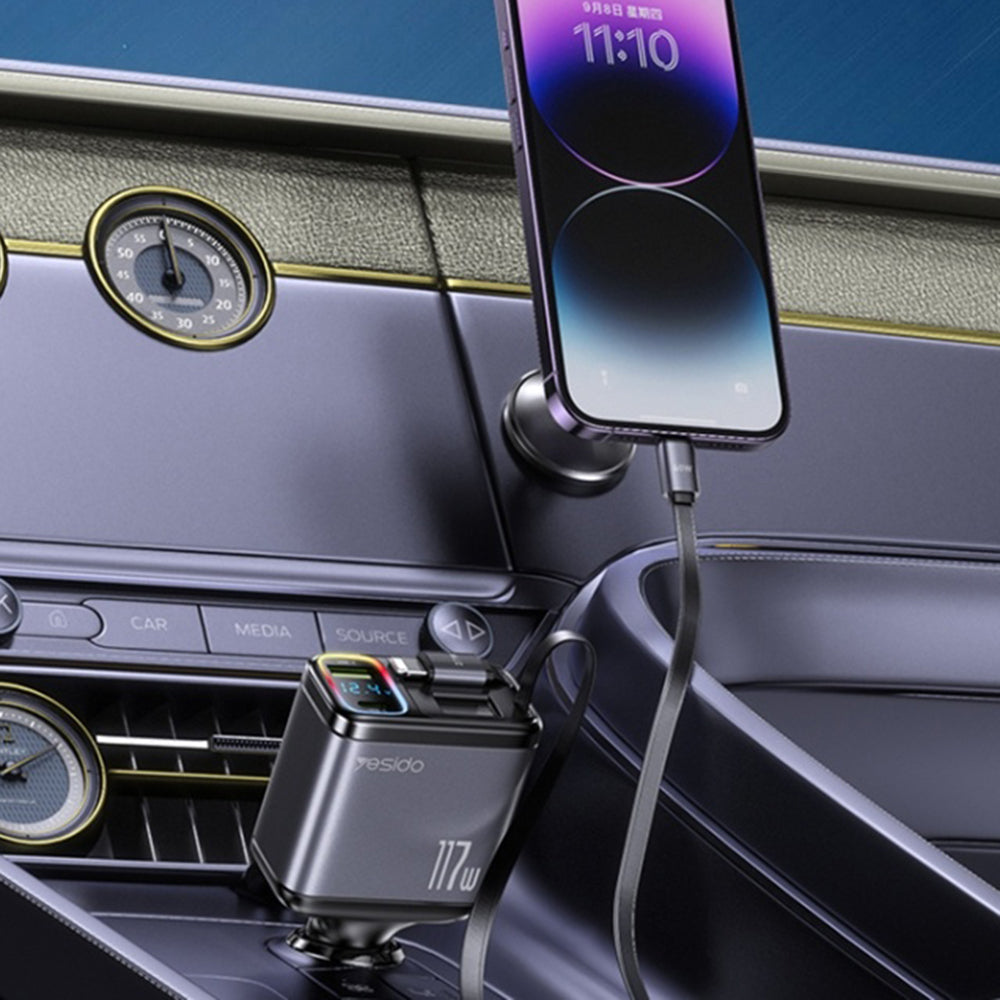 Incarcator Yesido 4in1 Car (Y63), with 2x Retractable Cable, LED Ambient Light, Fast Charging, 117W, Gri
