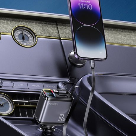 Incarcator Yesido 4in1 Car (Y63), with 2x Retractable Cable, LED Ambient Light, Fast Charging, 117W, Gri