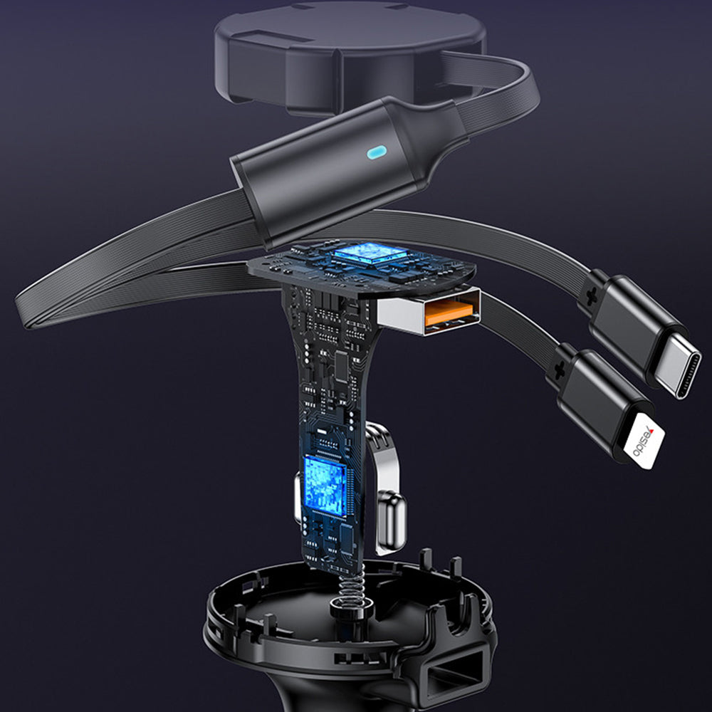 Incarcator Yesido Car (Y61), with 2x Telescopic Retractable Cable Type-C/Lightning, Fast Charging, USB-A, 53W, Negru