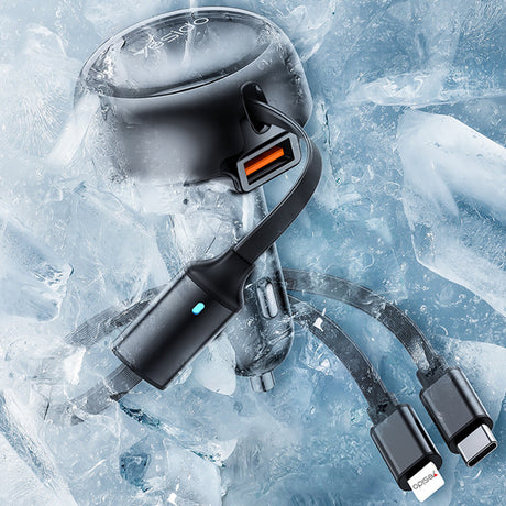 Incarcator Yesido Car (Y61), with 2x Telescopic Retractable Cable Type-C/Lightning, Fast Charging, USB-A, 53W, Negru