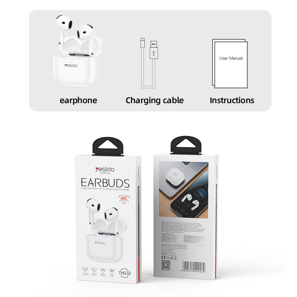 Casti Yesido (TWS32), with ANC, Microphone, Bluetooth 5.4, Half-In-ear Design, 300mAh, Alb