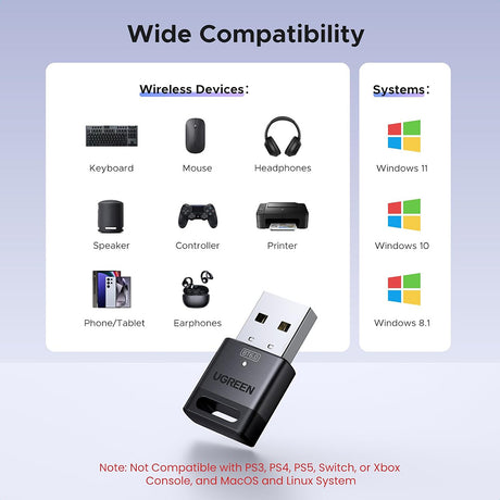 Adaptor Ugreen Wireless Adapter (75073), USB, Bluetooth 6.0, Plug & Play, for Windows 11/10/8.1, EDR, BLE Technology, Negru