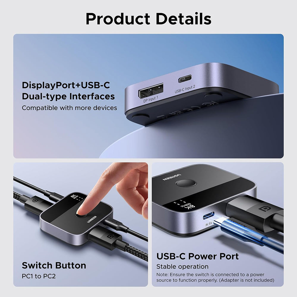 Adaptor Ugreen Adapter (65878), Switch Type-C, DP to Type-C, DP, UHD 4K@240Hz, 3D HDR, Plug&Play, Stable Transmission, Negru