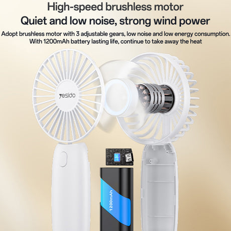 Ventilator portabil Yesido YF15, Stand telefon, 1200mAh, Alb