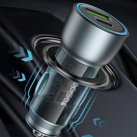 Incarcator Yesido Car (Y49), USB-A, Type-C, LED Light Effect, Fast Charging, 30W, Gri