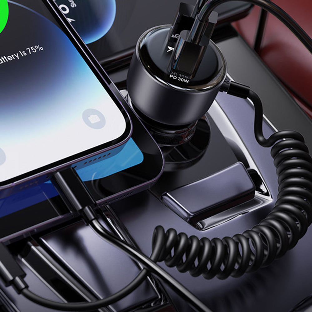 Incarcator Yesido Car (Y57), with Lightning Spring Cable, Type-C/USB-A Ports, 50W, Fast Charging, Negru