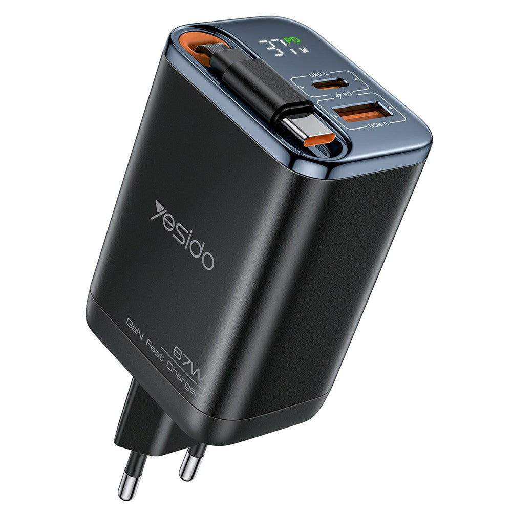 Incarcator Yesido (YC100), USB, Type-C, GaN, Fast Charging, Digital Display, 67W, Retractable Type-C Cable, 65cm, Negru