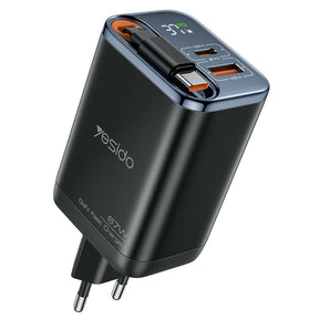 Incarcator Yesido (YC100), USB, Type-C, GaN, Fast Charging, Digital Display, 67W, Retractable Type-C Cable, 65cm, Negru
