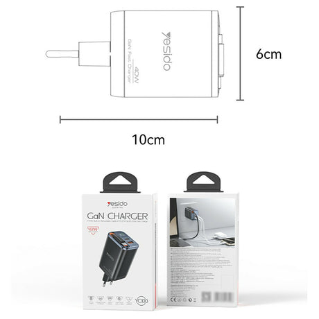 Incarcator Yesido (YC100), USB, Type-C, GaN, Fast Charging, Digital Display, 67W, Retractable Type-C Cable, 65cm, Negru