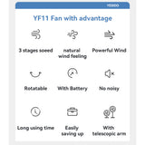 Yesido Premium Fan (YF11), Adjustable Height, Foldable, Portable, 3 Wind-Speed Settings, Remote Control, 6000mAh, Alb