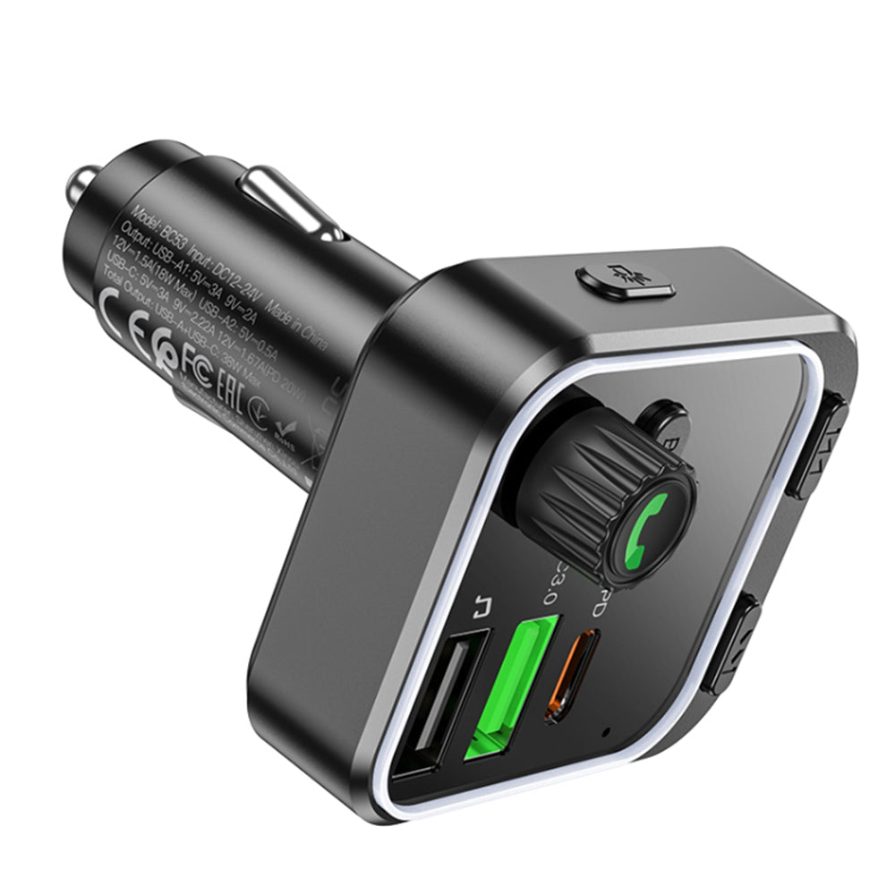Gadget Borofone FM Modulator and Car Charger Highway (BC53), Bluetooth V5.0, 2x USB, Type-C, 38W, RGB Ambient Lights, Negru