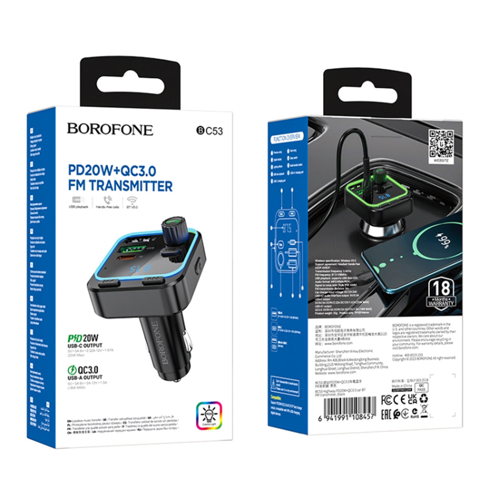 Gadget Borofone FM Modulator and Car Charger Highway (BC53), Bluetooth V5.0, 2x USB, Type-C, 38W, RGB Ambient Lights, Negru