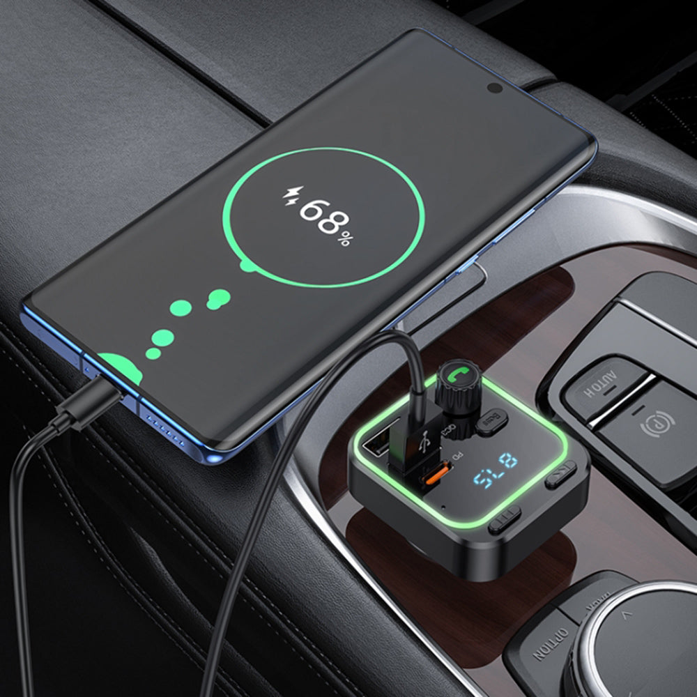 Gadget Borofone FM Modulator and Car Charger Highway (BC53), Bluetooth V5.0, 2x USB, Type-C, 38W, RGB Ambient Lights, Negru