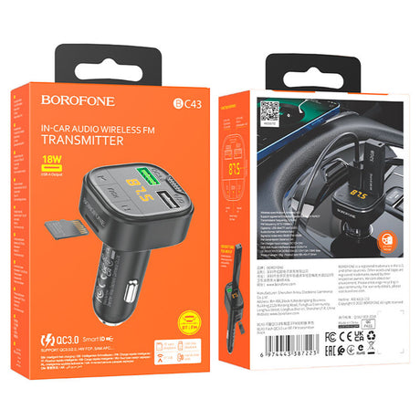 Gadget Borofone FM Modulator and Car Charger Flash (BC43), Bluetooth V5.0, 2x USB, MicroSD Card Slot, QC3.0, 18W, Negru