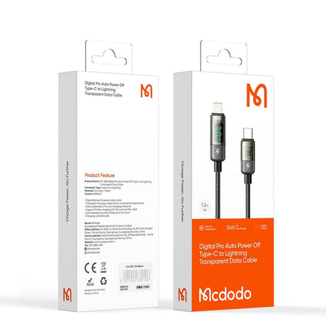Cablu Mcdodo (CA-3600), Type-C to Lightning, 36W, Digital Display, Auto Power Off, Transparent Design, 1.2m, Negru