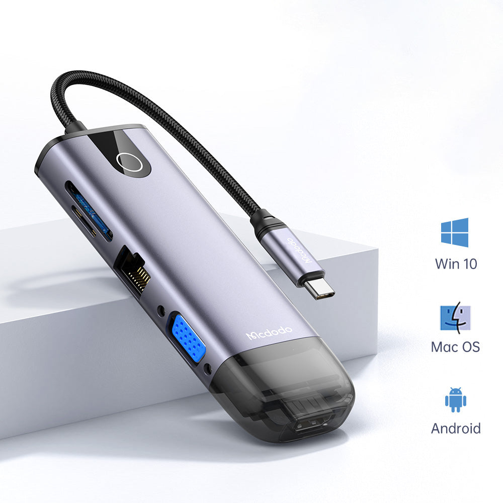 Hub/Dock Mcdodo Hub (HU-7420), 10in1, 2x USB2.0, 2x USB3.0, USB-C PD100W, VGA, HDMI 4K, LAN, SD/TF Slot, 5Gbps, Type-C Cable, Gri