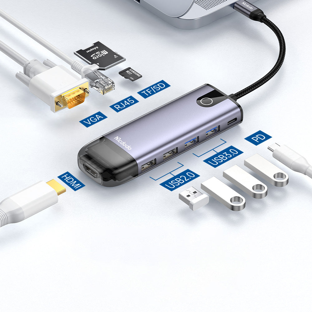 Hub/Dock Mcdodo Hub (HU-7420), 10in1, 2x USB2.0, 2x USB3.0, USB-C PD100W, VGA, HDMI 4K, LAN, SD/TF Slot, 5Gbps, Type-C Cable, Gri
