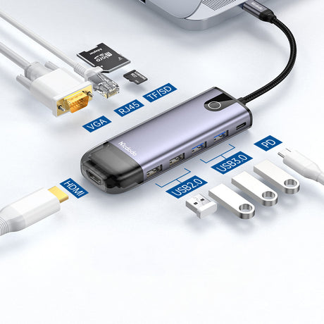 Hub/Dock Mcdodo Hub (HU-7420), 10in1, 2x USB2.0, 2x USB3.0, USB-C PD100W, VGA, HDMI 4K, LAN, SD/TF Slot, 5Gbps, Type-C Cable, Gri