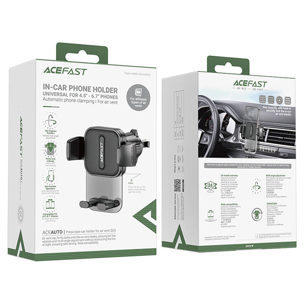 Suport Acefast (D25), for Air Vent, Free Rotation, Adjustable Angle, Secure Lock Clip, for 4.5 - , Negru