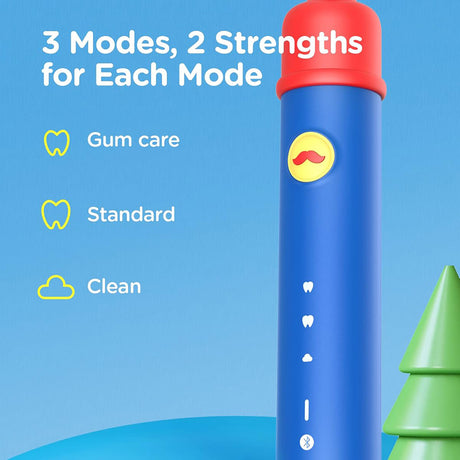 Bitvae Electric Toothbrush (BVK7S), Sonic, for Kids, 3 Modes, with App, Tips set, Pressure Sensor, IPX7, Albastru / Red