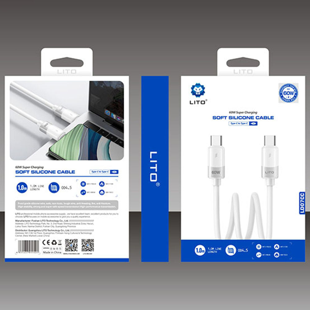 Cablu Lito Liquid Silicone (LD07), Type-C to Type-C, Fast Charging 60W, Anti-freeze, Anti-fire, Alb