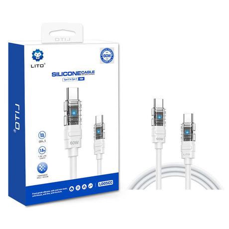 Cablu Lito Mechanical (LD05), Type-C to Type-C, Fast Charging 60W, Transparent Head, LED, Alb