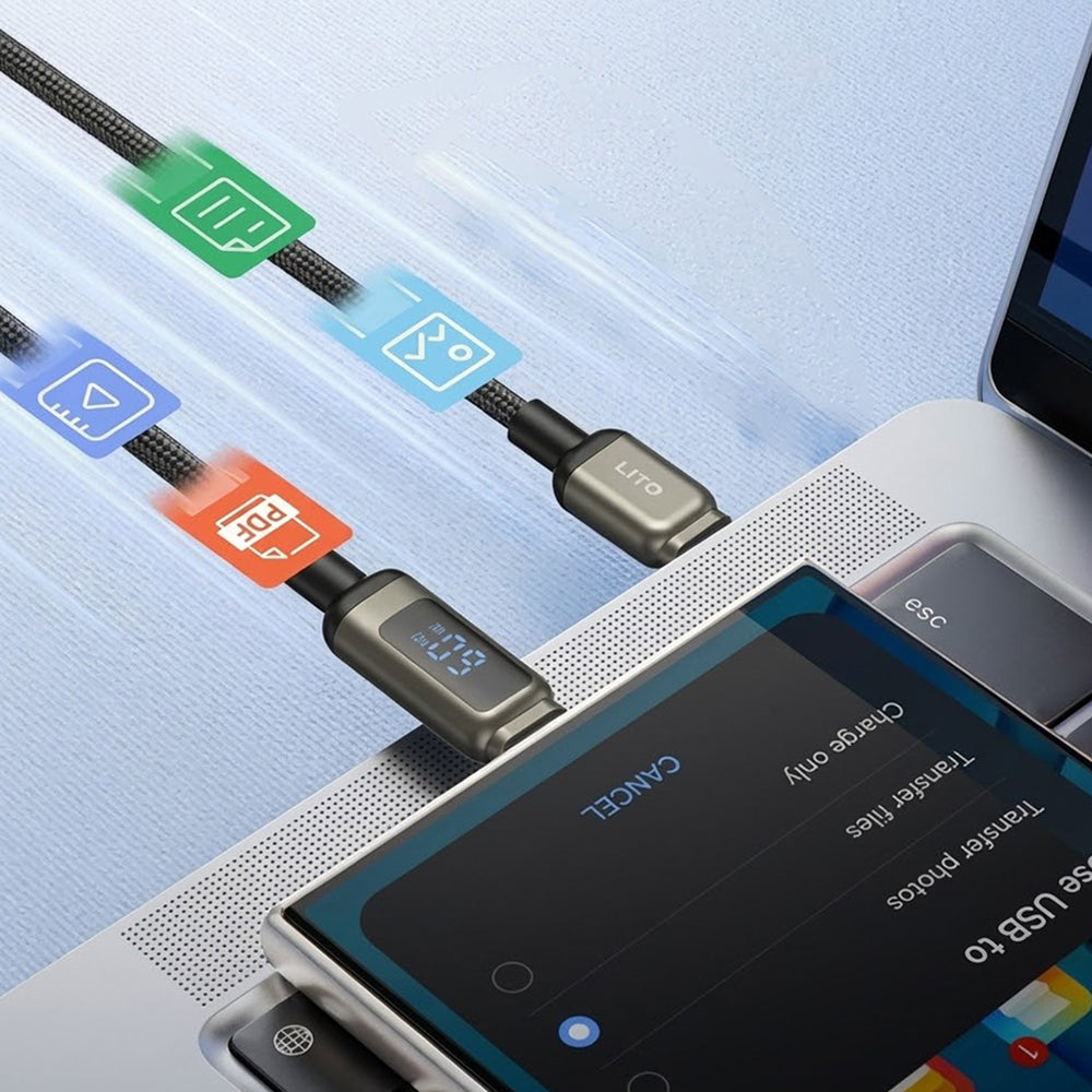 Cablu Lito (LD15), Type-C to Type-C, Fast Charging, Braided Nylon, 60W, LED Display, Negru