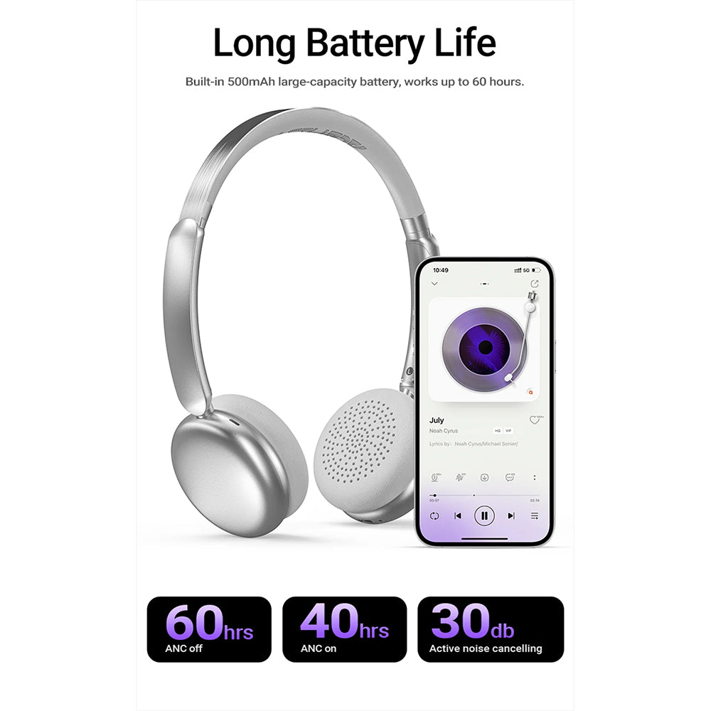 Casti Acefast Wireless Headset (H8), Type-C, Bluetooth 5.4, ANC Mode, Hybrid Noise Reduction, 500mAh, Professional HiFi, Argintiu